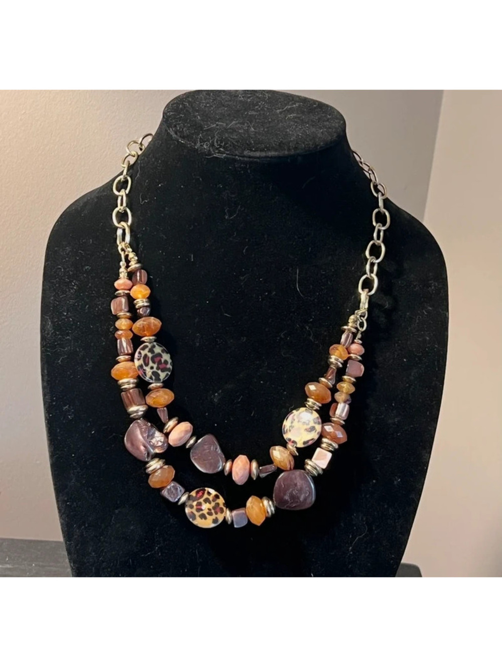 Leopard Print Multi Strand Beaded Statement Necklace Brown Amber Boho Chunky